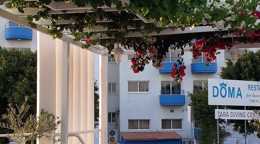 The bougainvillea-covered entrance and sign at Doma Restaurant