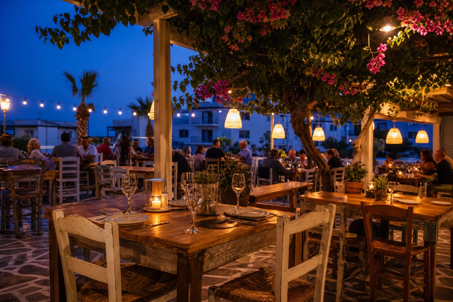 A warm open-air taverna terrace at blue hour