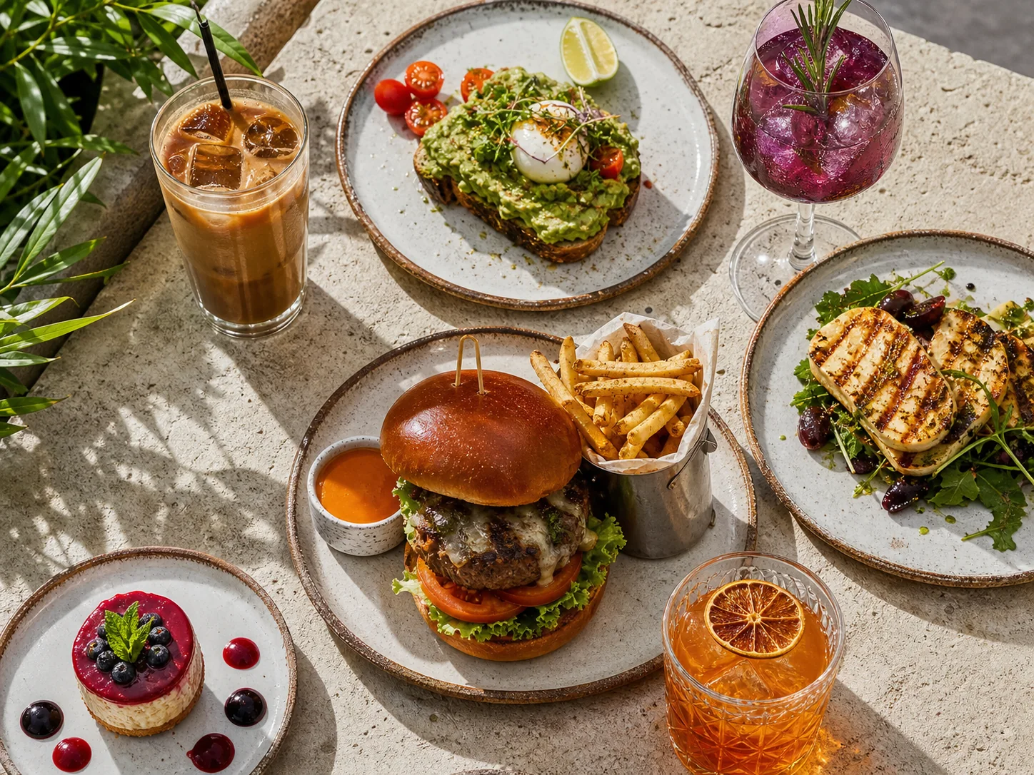 Coffee, brunch, burger, halloumi and cocktails on a sunlit table