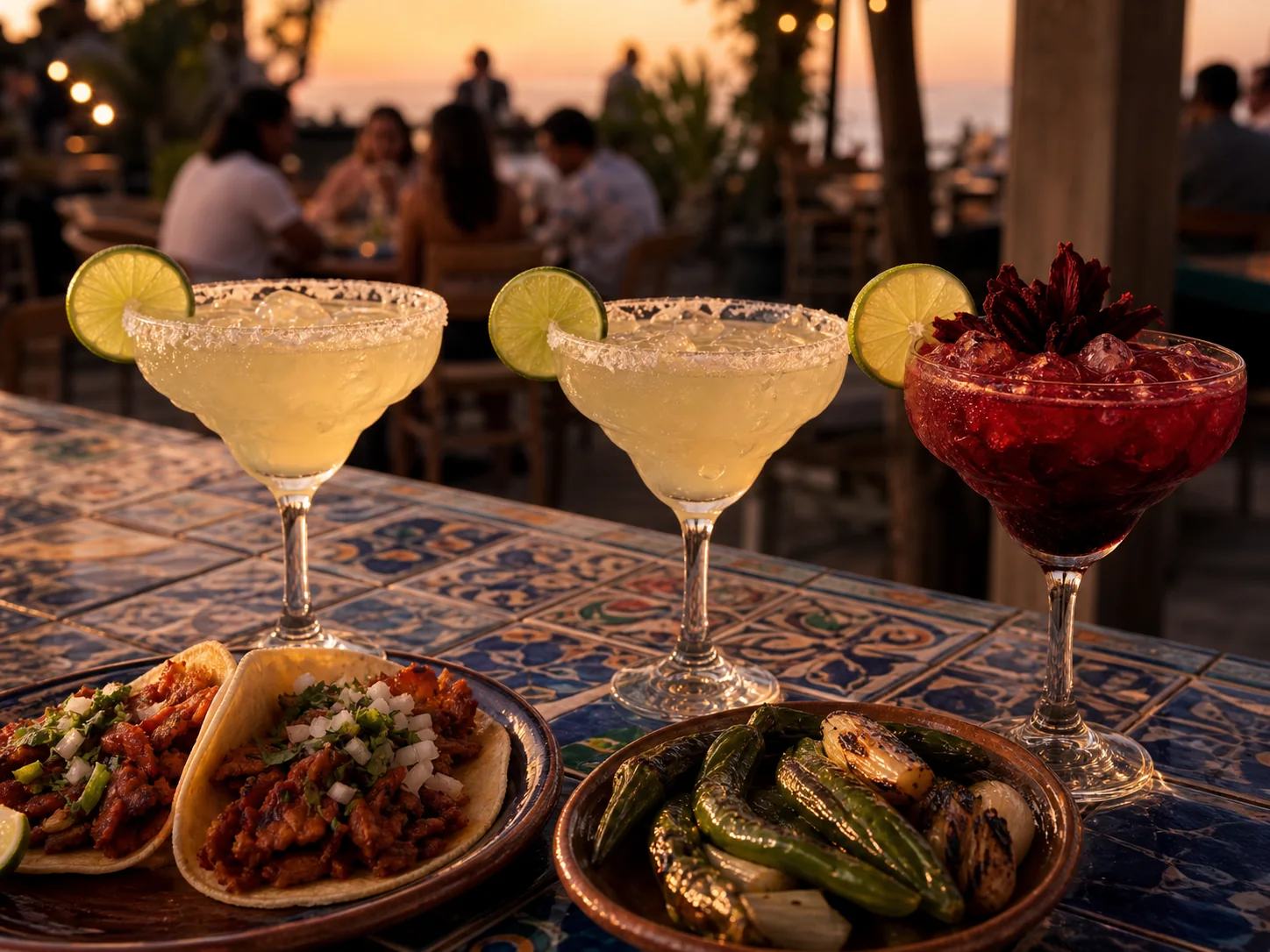 Margaritas, tacos and charred peppers on a colorful tiled counter